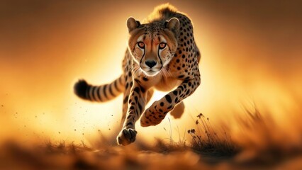 Cheetah in mid-sprint at sunset on African plains