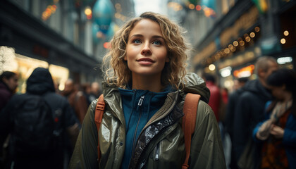 Fototapeta premium Young woman walking in the city, looking at camera generated by AI