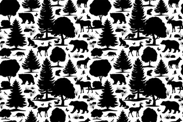 Animals and trees seamless pattern. Black on white background silhouette vector illustration. Wallpaper design for home decoration, fabric and print.