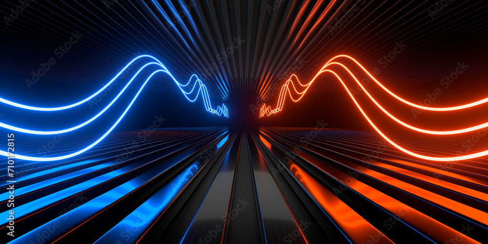 Poster Sci Fi neon glowing lines in a dark tunnel. Reflections on the floor and ceiling. Empty background in the center. 3d rendering image. Abstract glowing lines. Technology futuristic background.