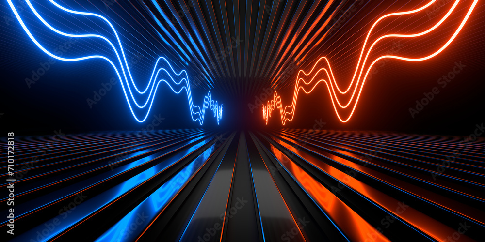 Poster Sci Fi neon glowing lines in a dark tunnel. Reflections on the floor and ceiling. Empty background in the center. 3d rendering image. Abstract glowing lines. Technology futuristic background.
