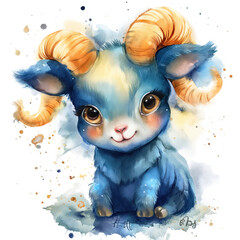 Cute Cartoon Ram with Watercolor Splashes Illustration