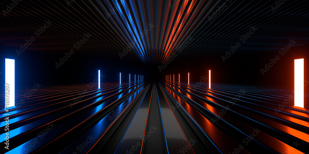 Poster Sci Fi neon glowing lines in a dark tunnel. Reflections on the floor and ceiling. Empty background in the center. 3d rendering image. Abstract glowing lines. Technology futuristic background.