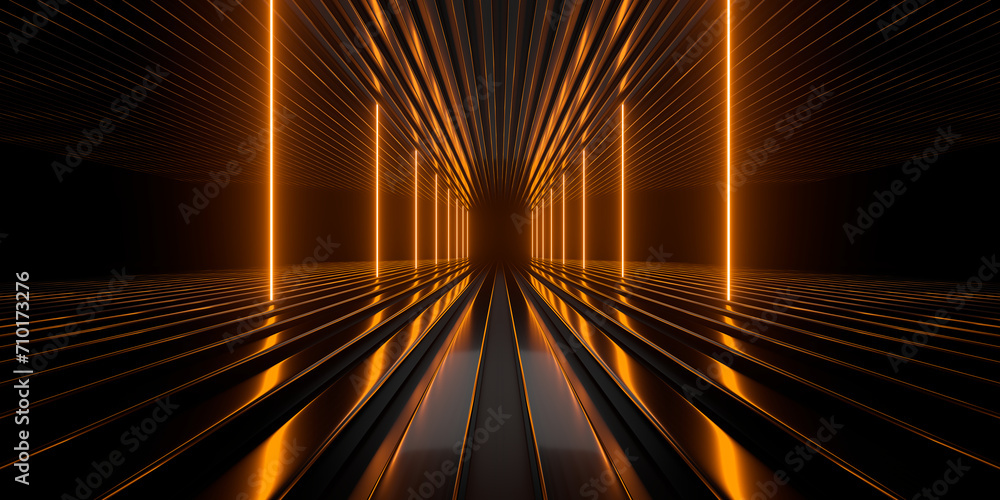 Poster sci fi neon glowing lines in a dark tunnel. reflections on the floor and ceiling. empty background i