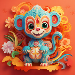 Naklejka premium Colorful monkey surrounded by an array of intricately designed flowers and leaves.