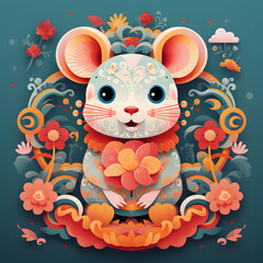 colorful rat surrounded by an array of intricately designed flowers and leaves.