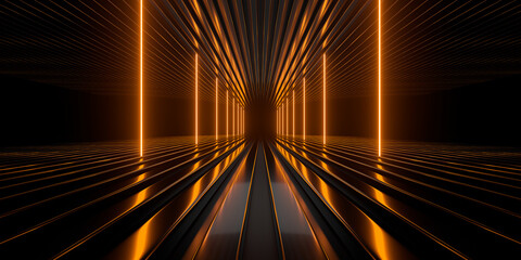 Sci Fi neon glowing lines in a dark tunnel. Reflections on the floor and ceiling. Empty background in the center. 3d rendering image. Abstract glowing lines. Technology futuristic background. - obrazy, fototapety, plakaty