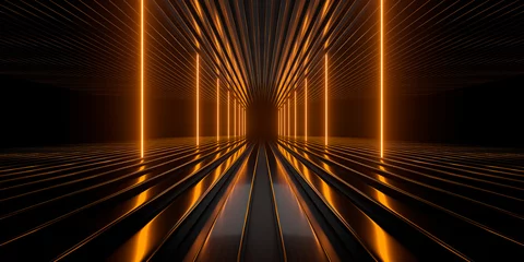 Deurstickers Sci Fi neon glowing lines in a dark tunnel. Reflections on the floor and ceiling. Empty background in the center. 3d rendering image. Abstract glowing lines. Technology futuristic background. © Andrey Shtepa