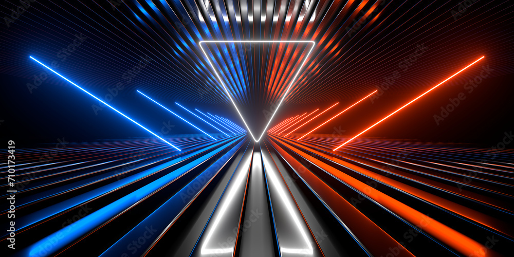 Poster Sci Fi neon glowing lines in a dark tunnel. Reflections on the floor and ceiling. Empty background in the center. 3d rendering image. Abstract glowing lines. Technology futuristic background.