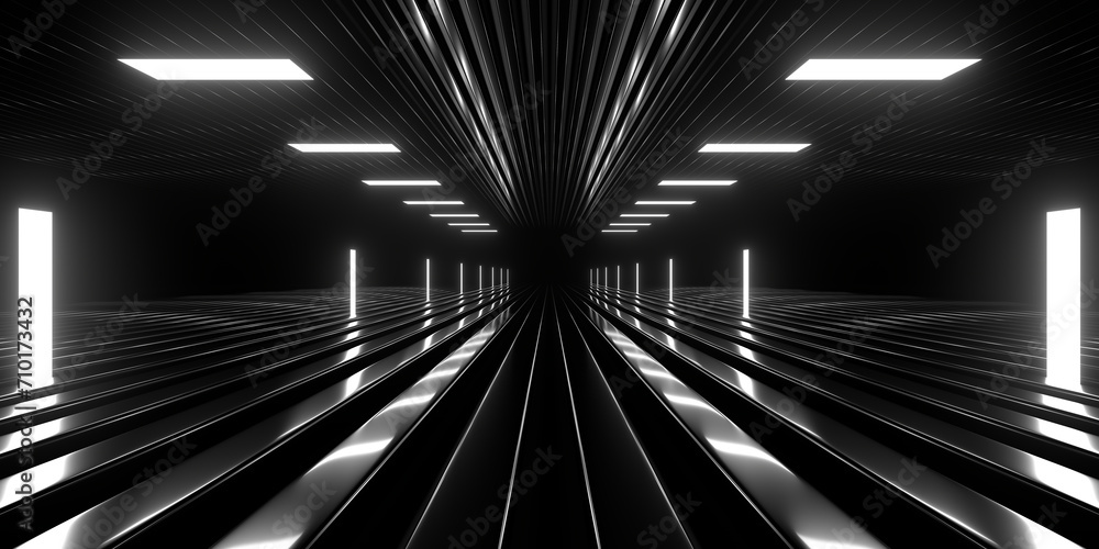 Poster sci fi neon glowing lines in a dark tunnel. reflections on the floor and ceiling. empty background i