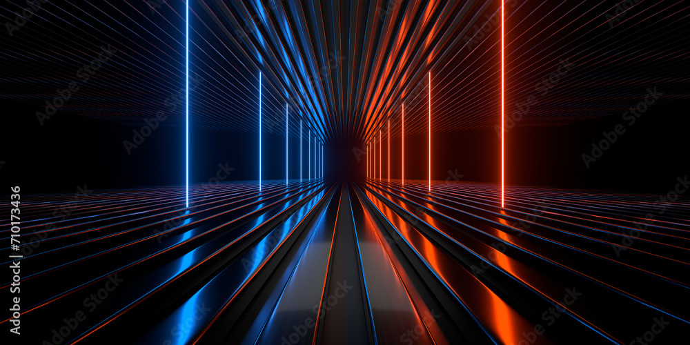Poster sci fi neon glowing lines in a dark tunnel. reflections on the floor and ceiling. empty background i