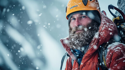 Face of happy bearded man during storm, portrait of smiling climber with snow on mountain background in winter. Concept of cold, ice, sport, climbing, frozen people, nature and frost