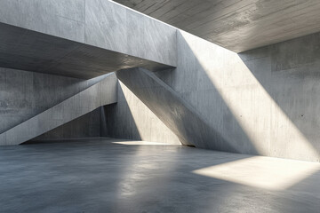 Abstract empty space background, modern room with gray concrete walls and sunlight, minimal hall interior. Concept of white stone architecture, building, garage, warehouse