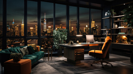 Modern home office interior in skyscraper, dark luxury room with night city view. Stylish apartment with big window and orange green furniture. Concept of contemporary elegant design - obrazy, fototapety, plakaty
