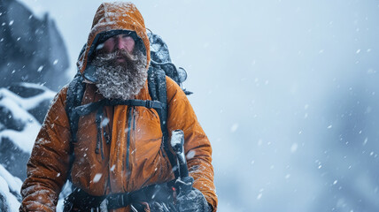 Bearded man climber walks during storm, portrait of hiker with snow on snowstorm background in winter. Concept of cold, ice, sport, climbing, frozen people, nature and frost