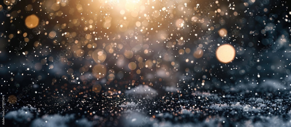 Poster snow falling on a dark backdrop, used as a texture layer in your project. overlay element for design