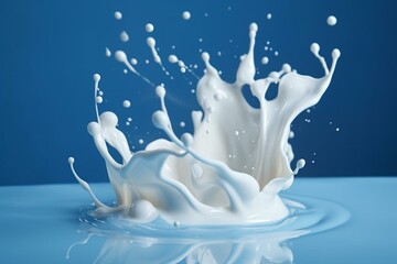 Obraz na płótnie Canvas Splashing milk on blue background with white paint, creating a liquid wave. Generative AI