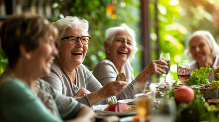 Elderly friends laughing and enjoying an Easter brunch, Easter, blurred background, with copy space