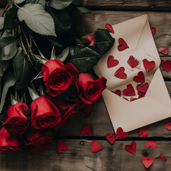 A romantic arrangement of red roses and a beige envelope filled with heart-shaped cutouts rests on a rustic wooden surface, evoking a sense of love and celebration.