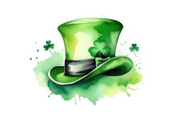 Watercolor illustration of a leprechaun hat with a four-leaf clover, free space for text, background illustration for St. Patrick's Day