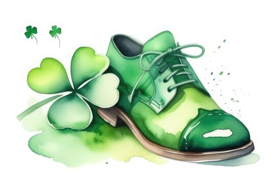 Leprechaun's shoe and four-leaf clover, watercolor drawing, free space for text, background illustration for St. Patrick's Day