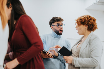 Diverse colleagues collaborate in office, discussing statistics and strategizing for business expansion. Creative and strategic thinking evident with sticky notes and writing on glass wall.