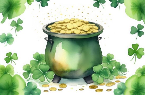 A cauldron of gold surrounded by shamrocks, free space for text, background illustration for St. Patrick's Day