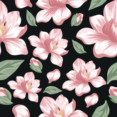 seamless pattern of blooming magnolia tree, namely open flower bud, unopened bud and green tree leaves in spring time, vector