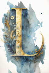 A fancy gold letter with blue watercolor style illustration. 