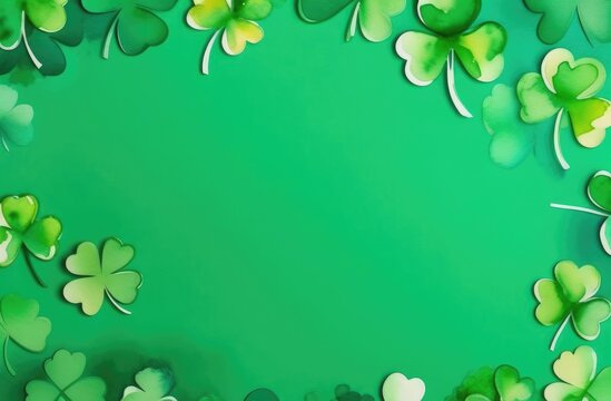 Watercolor background with scattered shamrocks, free space for text, St. Patrick's Day