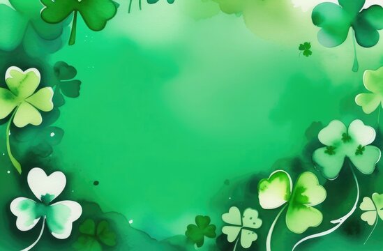 Watercolor background with scattered shamrocks, free space for text, St. Patrick's Day