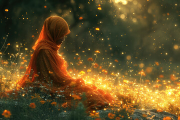 Woman sitting in glowing magical field