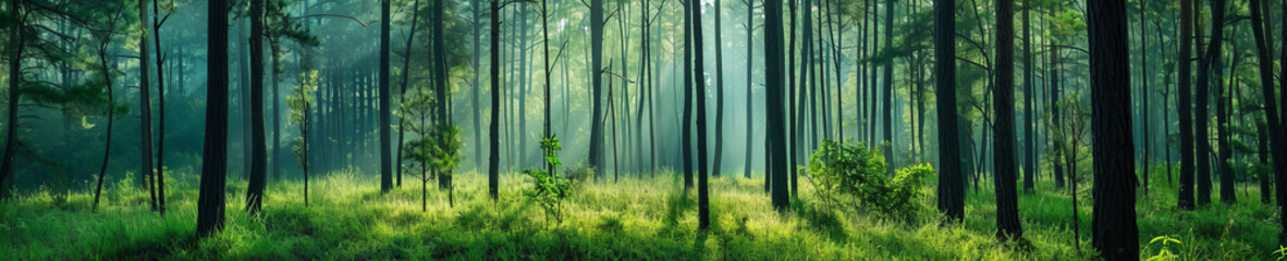 green forest in the morning - obrazy, fototapety, plakaty