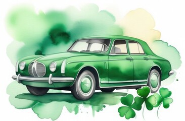 Watercolor car with clover, free space for text, background illustration for St. Patrick's Day