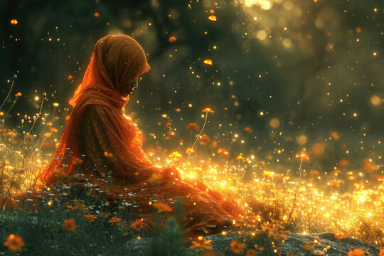 Woman Sitting In Glowing Magical Field