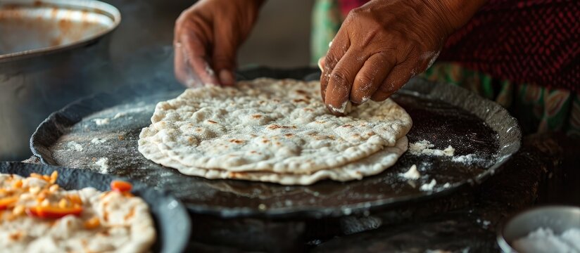 Indian street food called Parrota or flat bread in the making.