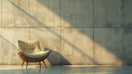 luxury designer chair in an empty room with raw, concrete walls