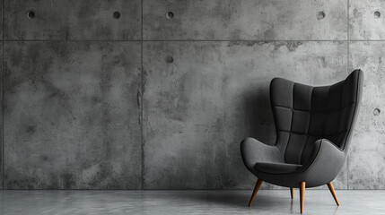 luxury grey designer chair in an empty room with raw, concrete walls