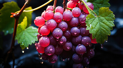 Wet bunch of grapes with water drops on a black background. - obrazy, fototapety, plakaty