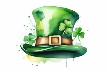 Watercolor illustration of a leprechaun hat with a four-leaf clover, free space for text, background illustration for St. Patrick's Day
