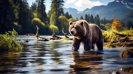 Grizzly bear on the shore of a river in the Altai mountains