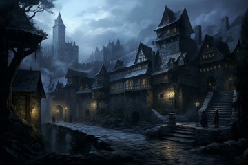 Dark castle and medieval inn in a gloomy, epic and cinematic fantasy painting. Generative AI - obrazy, fototapety, plakaty