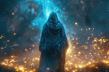 Blue hooded figure with magical aura - obrazy, fototapety, plakaty