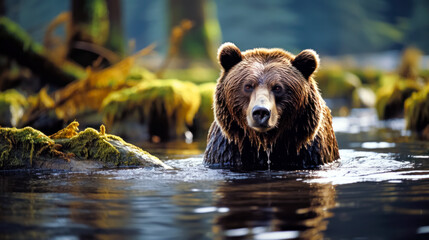 Brown bear swimming in the water. Scientific name: Ursus arctos. Natural habitat.