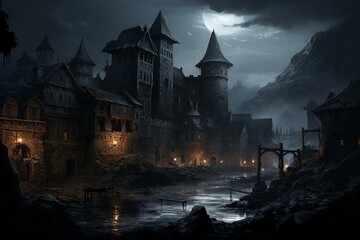 Dark castle and medieval inn in a gloomy, epic and cinematic fantasy painting. Generative AI