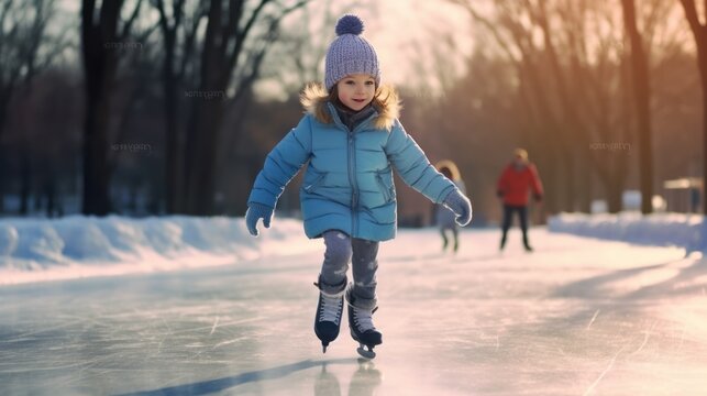 eautiful little girls, sisters learn to skate on ice skating rink in park. Fall and have fun. Stylish looks, warm woolen coats, white hats, scarves, snoods. Winter family activities