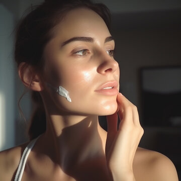 Chica joven aplic&aacute;ndose crema en la cara