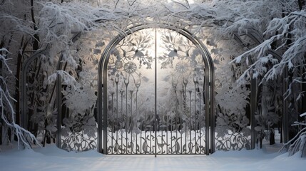 A metallic gate with intricate laser-cut snowflake patterns and a snowy landscape