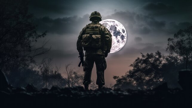 soldier against the backdrop of the full moon. Army soldier in the Mission