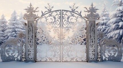 A metallic gate with intricate laser-cut snowflake patterns and a snowy landscape